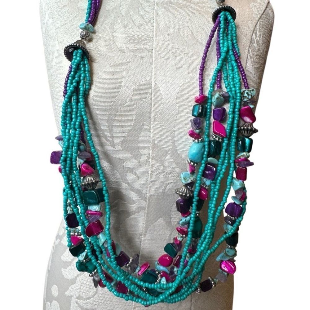 Real Turquoise & Glass Gemstone Multi Strand Necklace - Picture 5 of 7